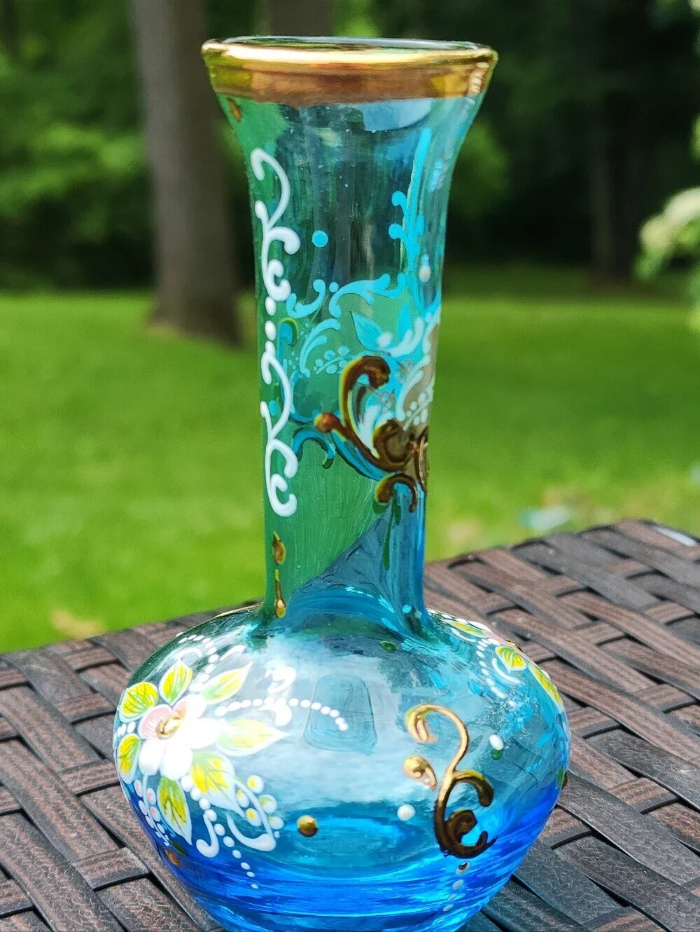 Vtg Glass Boho MCM Azure Blue Vase Hand painted Gold Embellishments Floral EUC